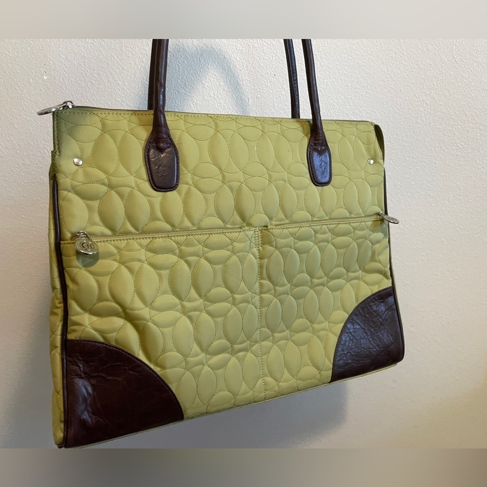 Chelsey Henry Quilted Laptop Tote Bag – Green with Brown Trim | Like new